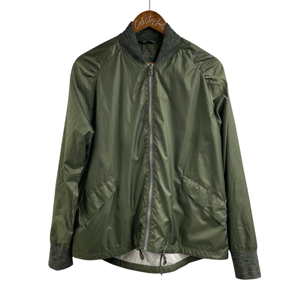Prana Womens Center Jacket Green Silky Bomber Full Zip M Oversized Wicking HeiQ